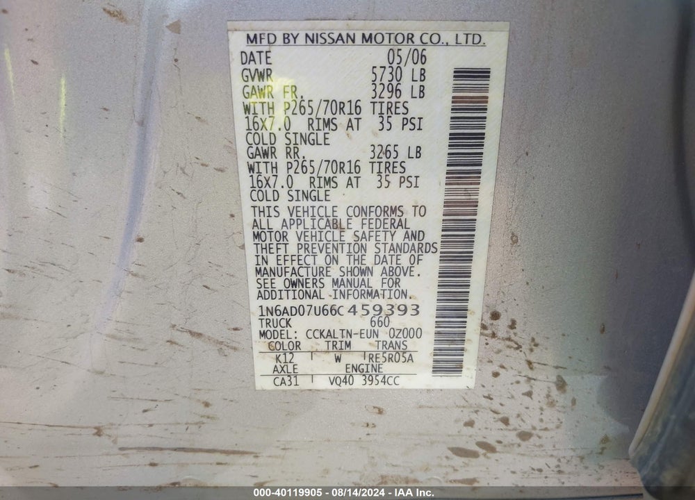 2006 NISSAN FRONTIER SE VIN: 1N6AD07U66C459393