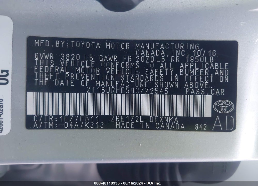 2017 TOYOTA COROLLA LE VIN: 2T1BURHE5HC772545
