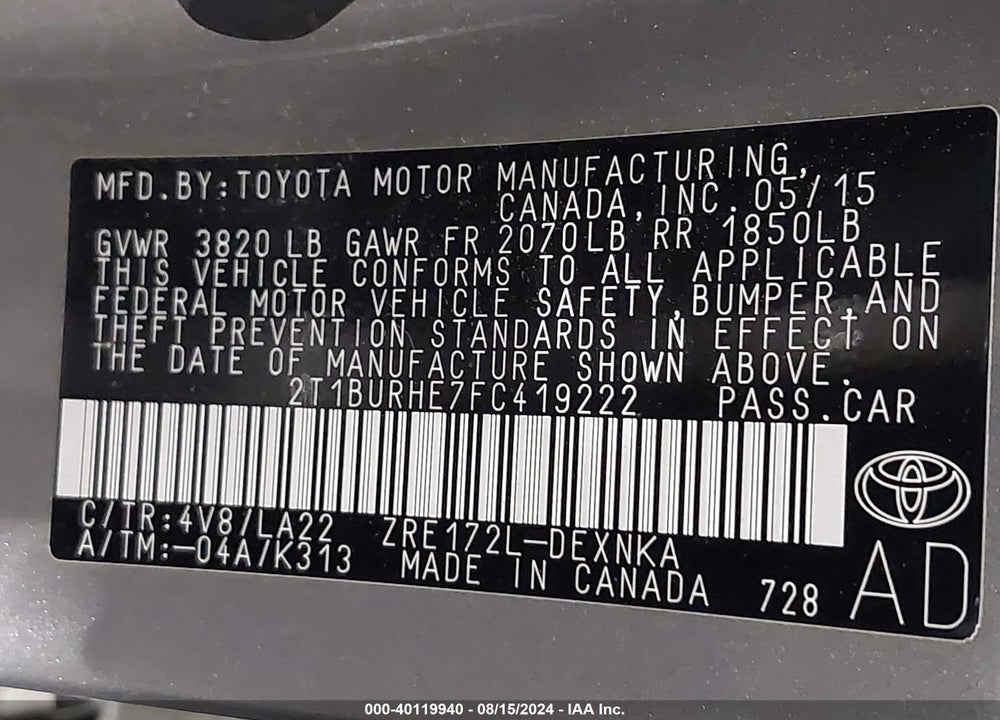 2015 TOYOTA COROLLA LE PREMIUM VIN: 2T1BURHE7FC419222