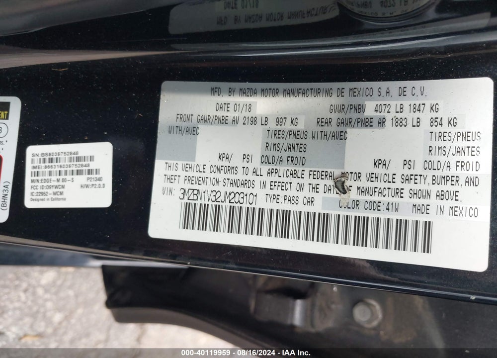 2018 MAZDA 3 TOURING VIN: 3MZBN1V32JM203101