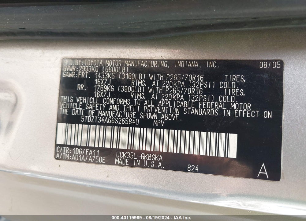 2006 TOYOTA SEQUOIA SR5 V8 VIN: 5TDZT34A66S265840