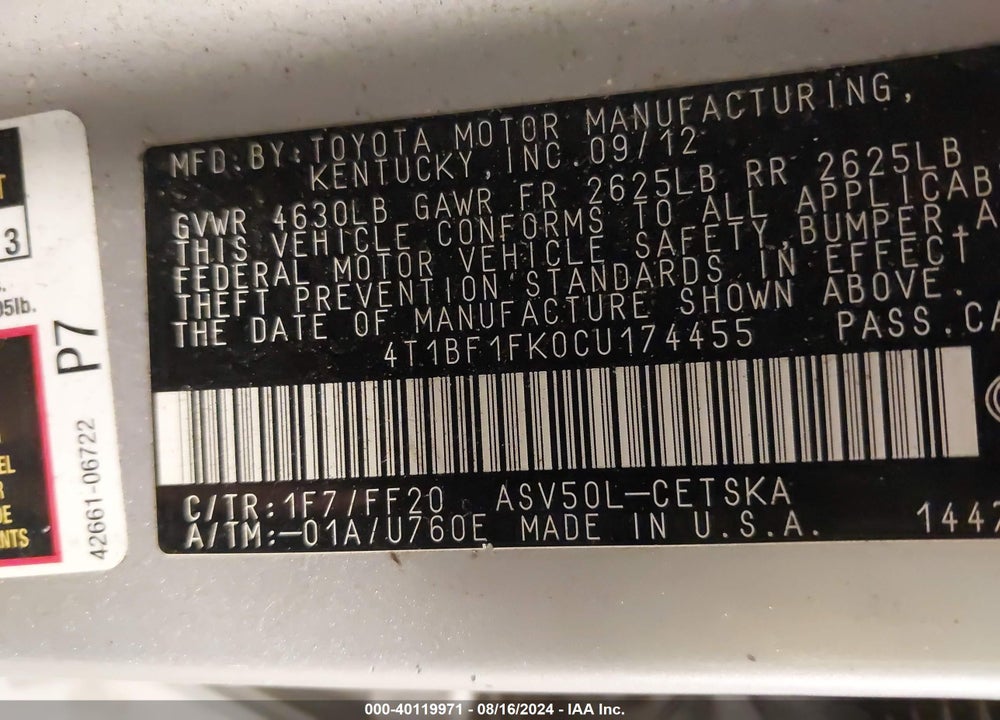 2012 TOYOTA CAMRY SE VIN: 4T1BF1FK0CU174455