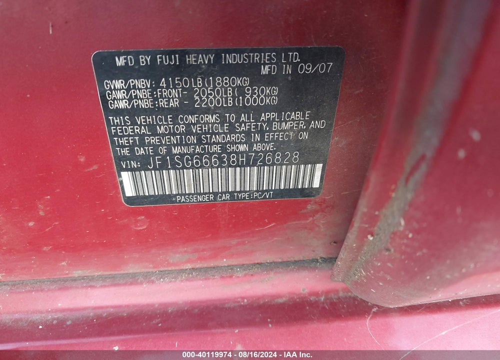 2008 SUBARU FORESTER SPORTS 2.5X VIN: JF1SG66638H726828
