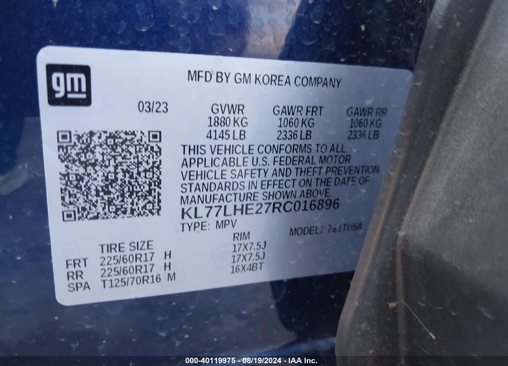 2024 CHEVROLET TRAX FWD LT VIN: KL77LHE27RC016896