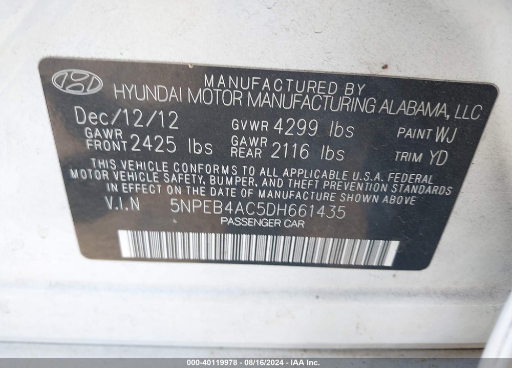 2013 HYUNDAI SONATA GLS VIN: 5NPEB4AC5DH661435