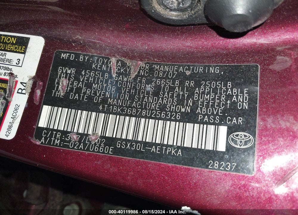 2008 TOYOTA AVALON LIMITED VIN: 4T1BK36B78U256326