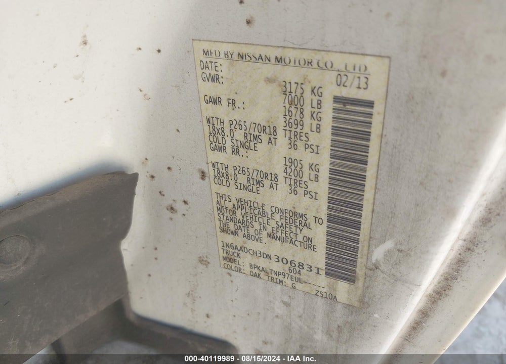 2013 NISSAN TITAN SV VIN: 1N6AA0CH3DN306831