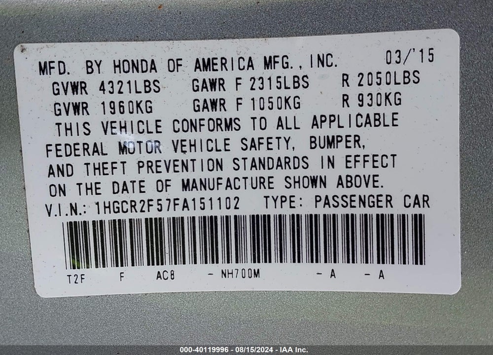 2015 HONDA ACCORD SPORT VIN: 1HGCR2F57FA151102