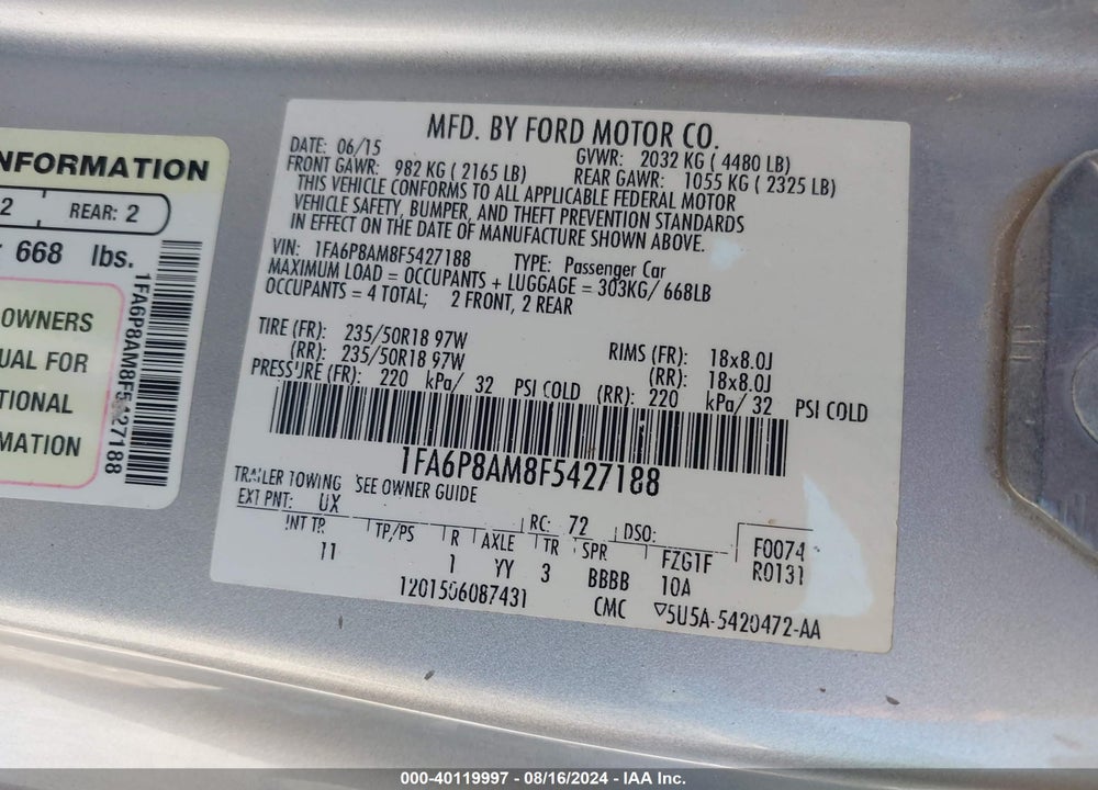 2015 FORD MUSTANG V6 VIN: 1FA6P8AM8F5427188