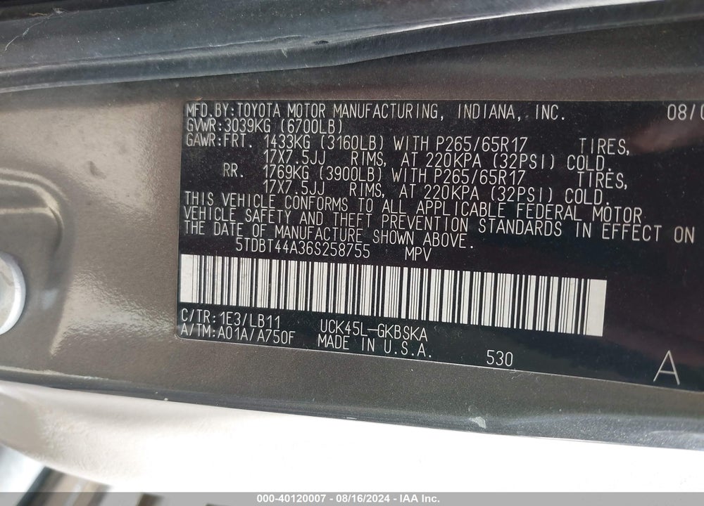 2006 TOYOTA SEQUOIA SR5 V8 VIN: 5TDBT44A36S258755