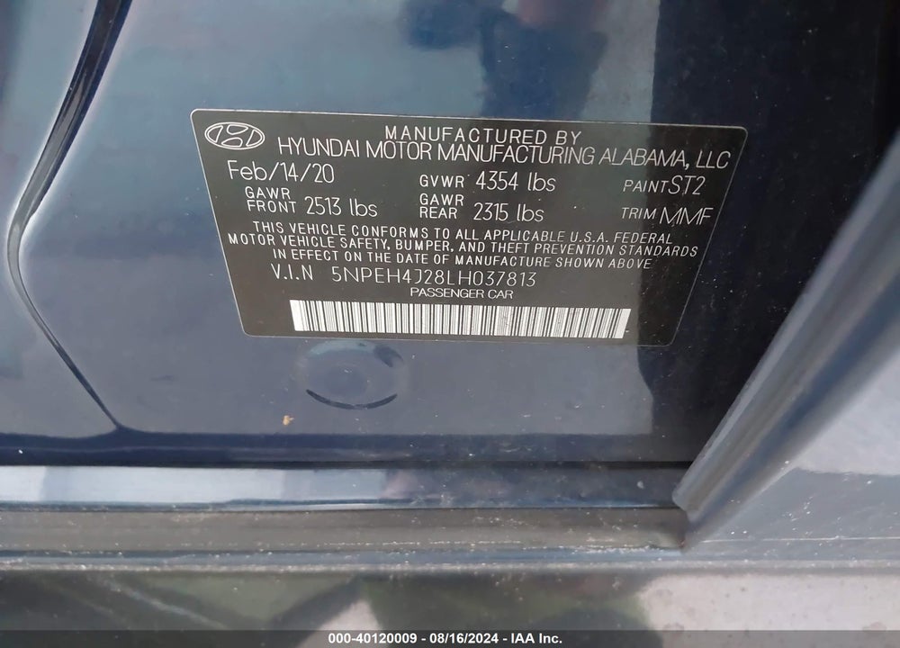 2020 HYUNDAI SONATA LIMITED VIN: 5NPEH4J28LH037813