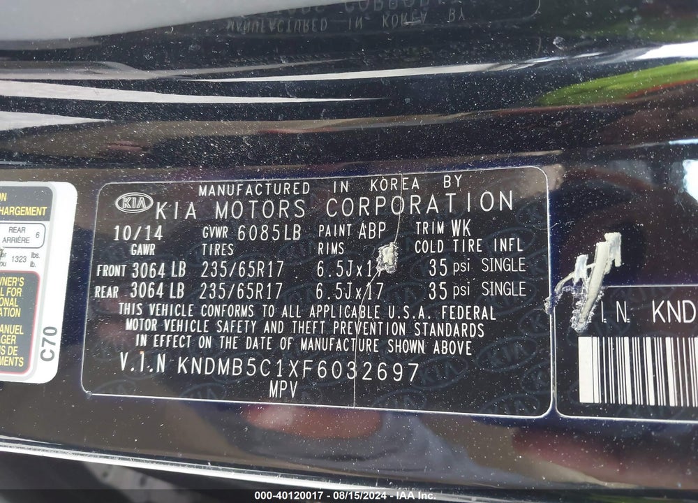 2015 KIA SEDONA VIN: KNDMB5C1XF6032697
