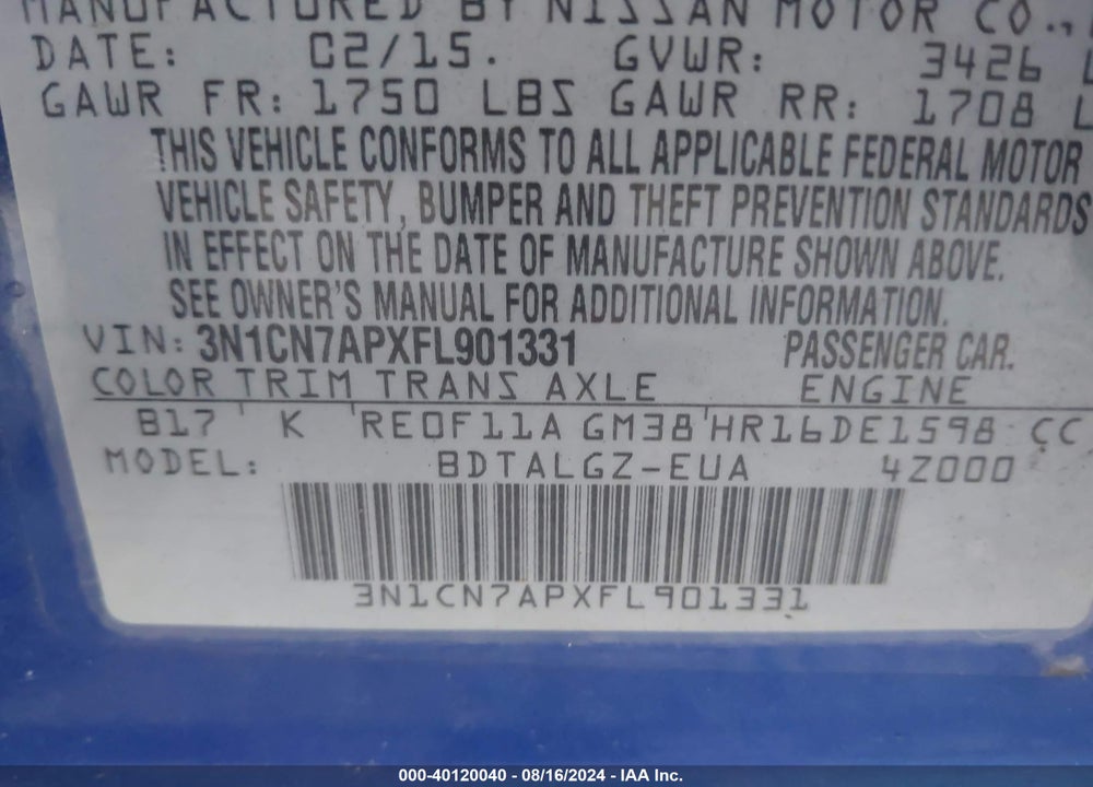 2015 NISSAN VERSA 1.6 SL VIN: 3N1CN7APXFL901331