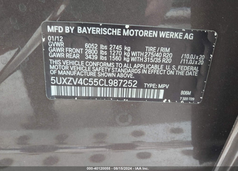 2012 BMW X5 VIN: 5UXZV4C55CL987252