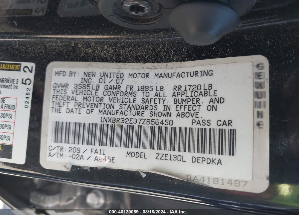 2007 TOYOTA COROLLA CE VIN: 1NXBR32E37Z856450