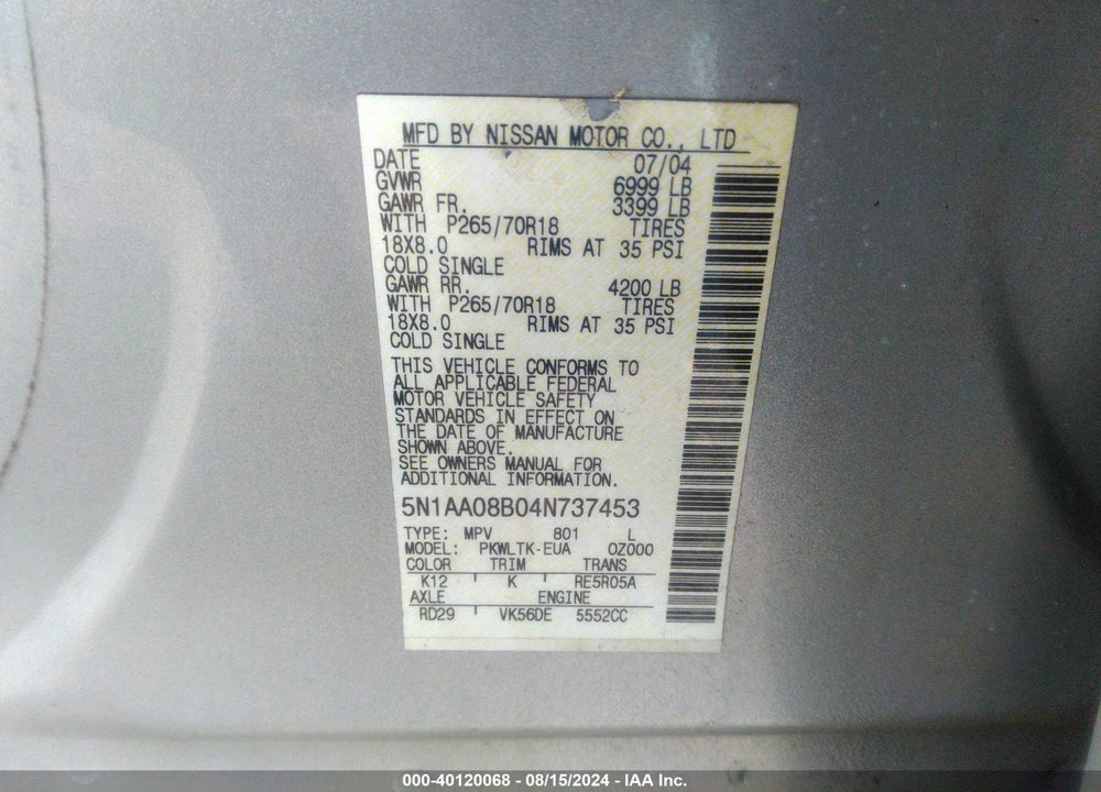 2004 NISSAN PATHFINDER ARMADA SE VIN: 5N1AA08B04N737453