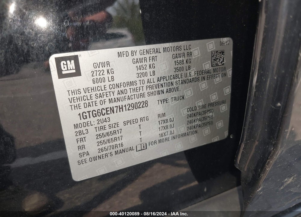 2017 GMC CANYON SLE VIN: 1GTG6CEN7H1290228