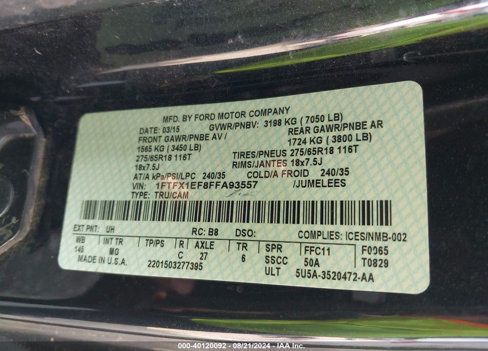 2015 FORD F-150 XLT VIN: 1FTFX1EF8FFA93557
