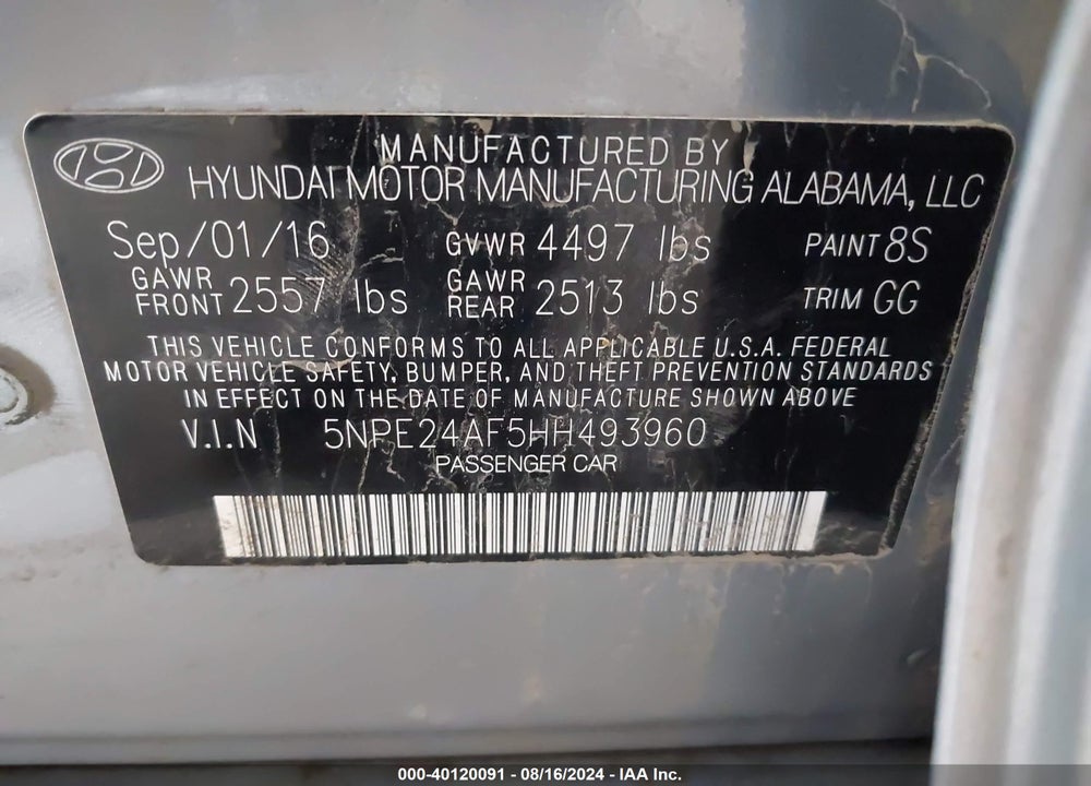 2017 HYUNDAI SONATA VIN: 5NPE24AF5HH493960