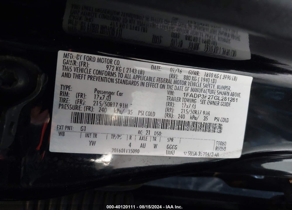 2016 FORD FOCUS SE VIN: 1FADP3F27GL261261