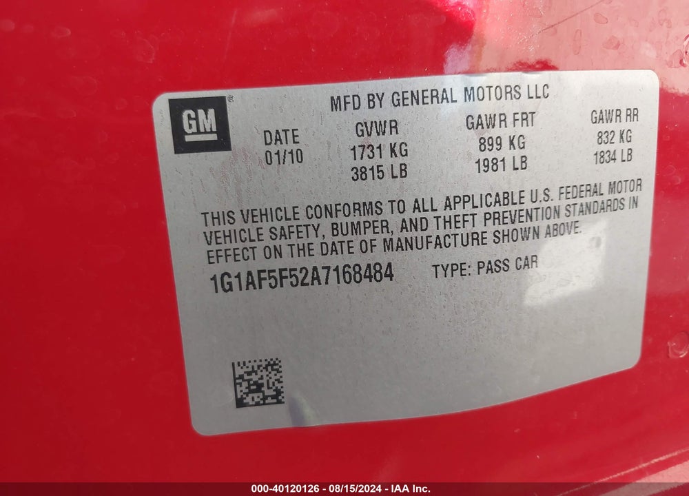 2010 CHEVROLET COBALT LT VIN: 1G1AF5F52A7168484
