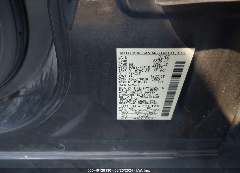 2006 NISSAN ARMADA LE VIN: 5N1AA08A46N721329