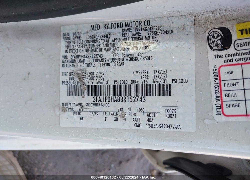 2011 FORD FUSION SE VIN: 3FAHP0HA8BR152743