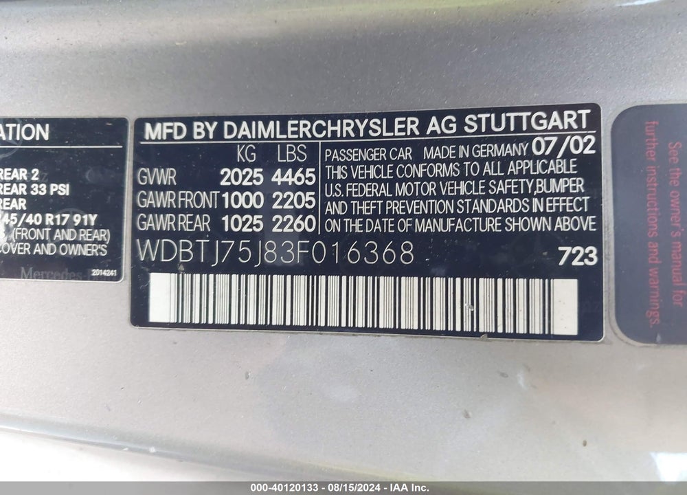 2003 MERCEDES-BENZ CLK 500 VIN: WDBTJ75J83F016368
