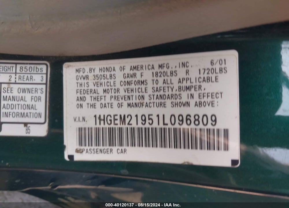2001 HONDA CIVIC EX VIN: 1HGEM21951L096809