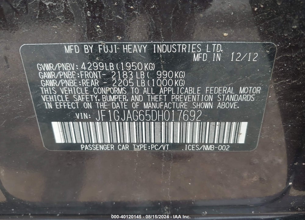 2013 SUBARU IMPREZA 2.0I LIMITED VIN: JF1GJAG65DH017692