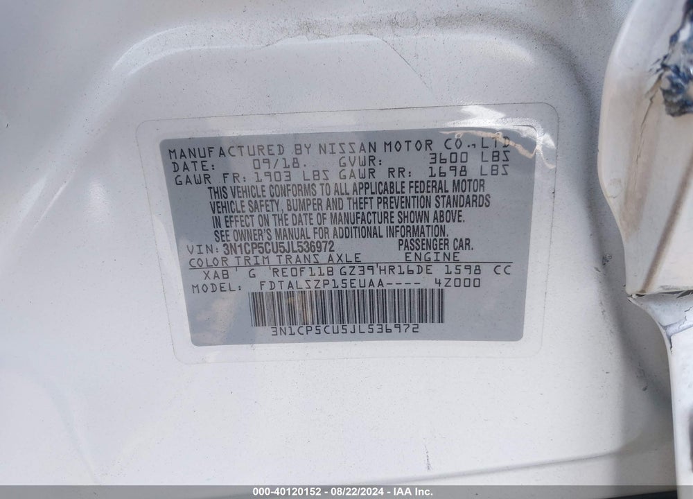 2018 NISSAN KICKS SV VIN: 3N1CP5CU5JL536972