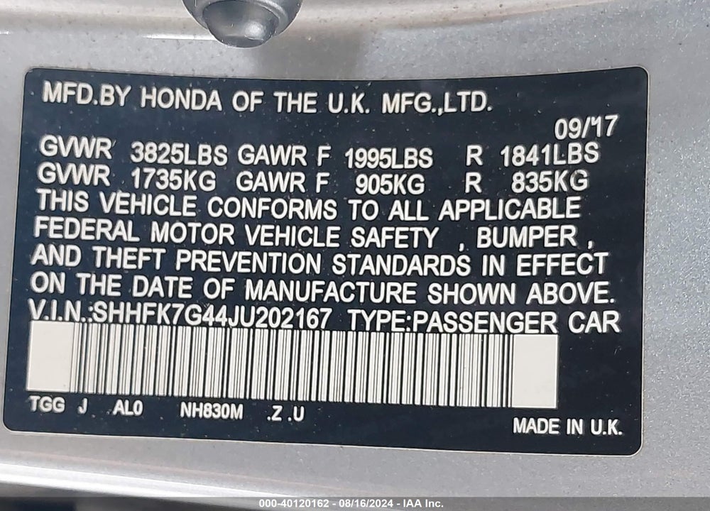 2018 HONDA CIVIC SPORT VIN: SHHFK7G44JU202167