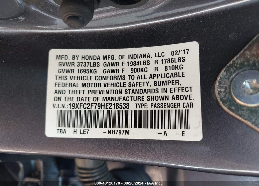 2017 HONDA CIVIC EX VIN: 19XFC2F79HE218538
