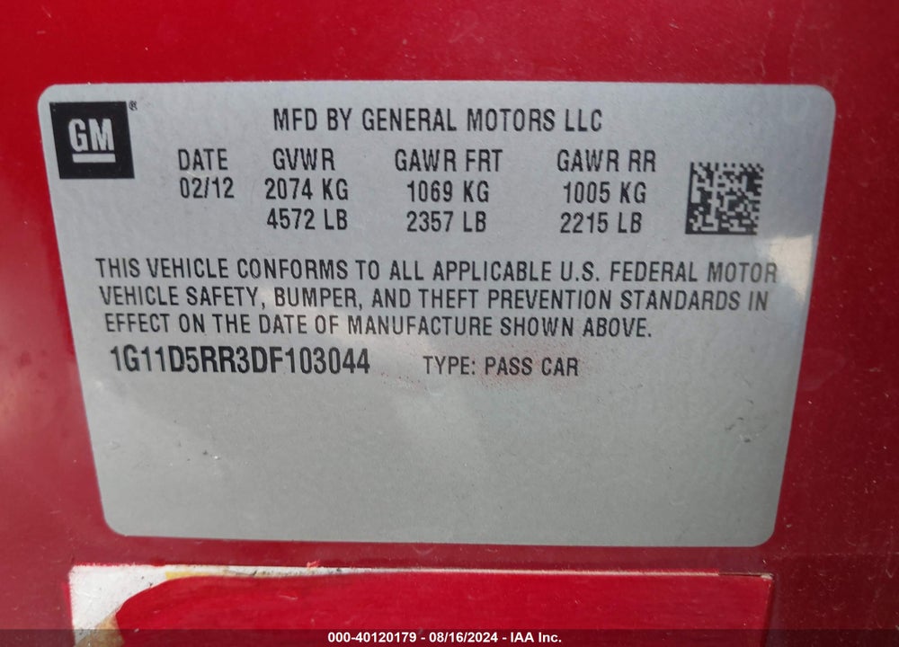 2013 CHEVROLET MALIBU ECO VIN: 1G11D5RR3DF103044