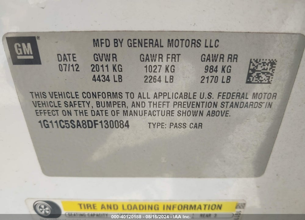2013 CHEVROLET MALIBU 1LT VIN: 1G11C5SA8DF130084