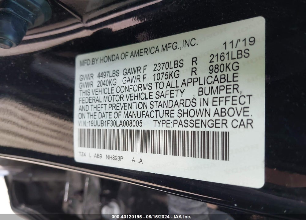2020 ACURA TLX STANDARD VIN: 19UUB1F30LA008005