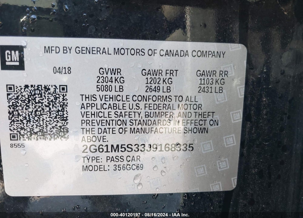 2018 CADILLAC XTS LUXURY VIN: 2G61M5S33J9168335
