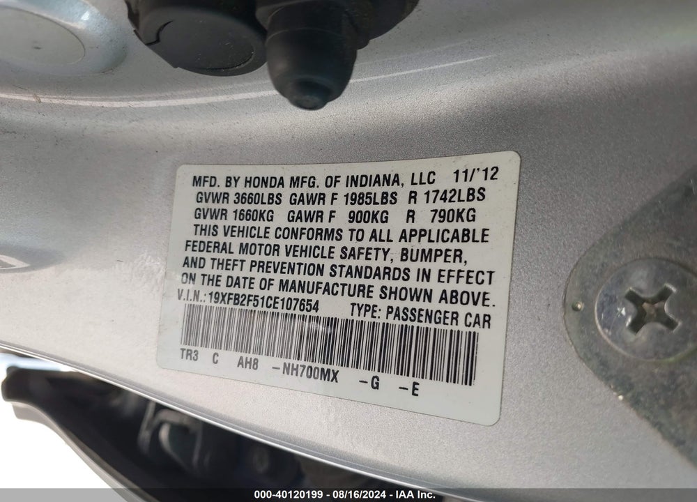2012 HONDA CIVIC LX VIN: 19XFB2F51CE107654