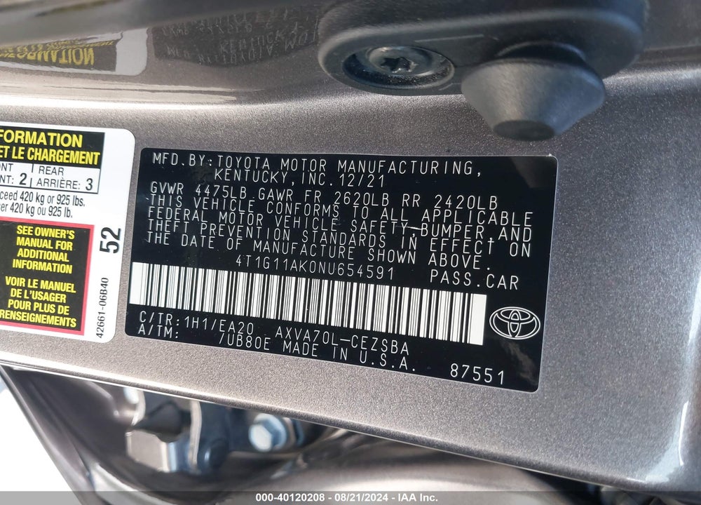 2022 TOYOTA CAMRY SE VIN: 4T1G11AK0NU654591