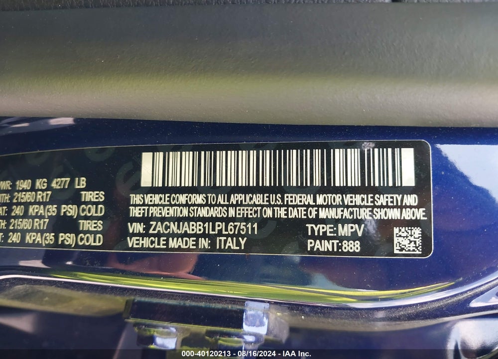 2020 JEEP RENEGADE LATITUDE FWD VIN: ZACNJABB1LPL67511