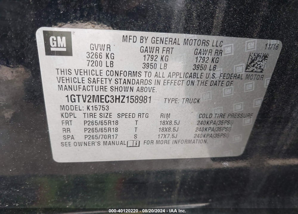 2017 GMC SIERRA 1500 SLE VIN: 1GTV2MEC3HZ158981