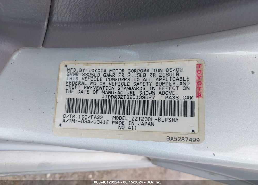 2002 TOYOTA CELICA GT VIN: JTDDR32T320139087