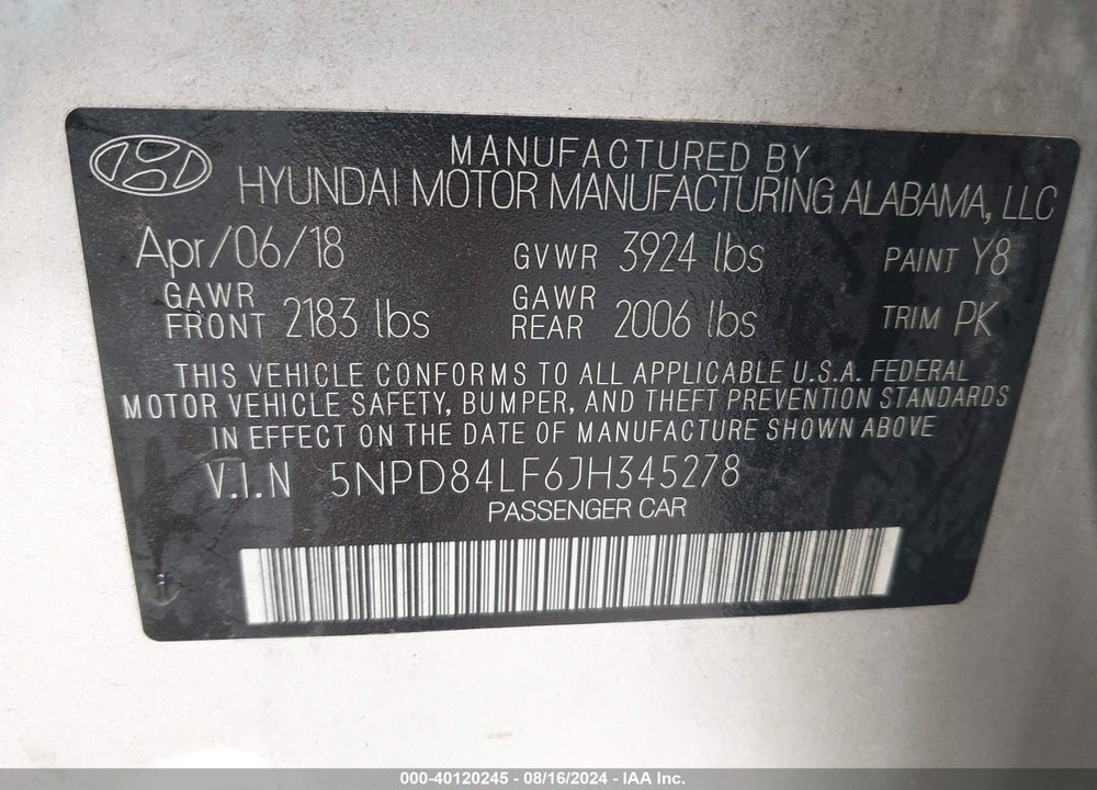 2018 HYUNDAI ELANTRA SEL VIN: 5NPD84LF6JH345278