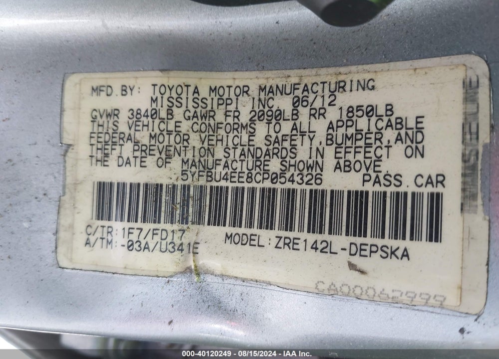2012 TOYOTA COROLLA S VIN: 5YFBU4EE8CP054326