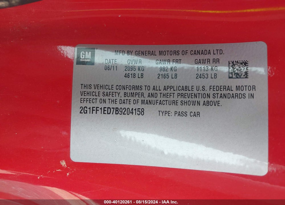 2011 CHEVROLET CAMARO 1LT VIN: 2G1FF1ED7B9204158