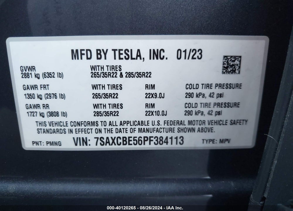 2023 TESLA MODEL X DUAL MOTOR ALL-WHEEL DRIVE/STANDARD RANGE VIN: 7SAXCBE56PF384113