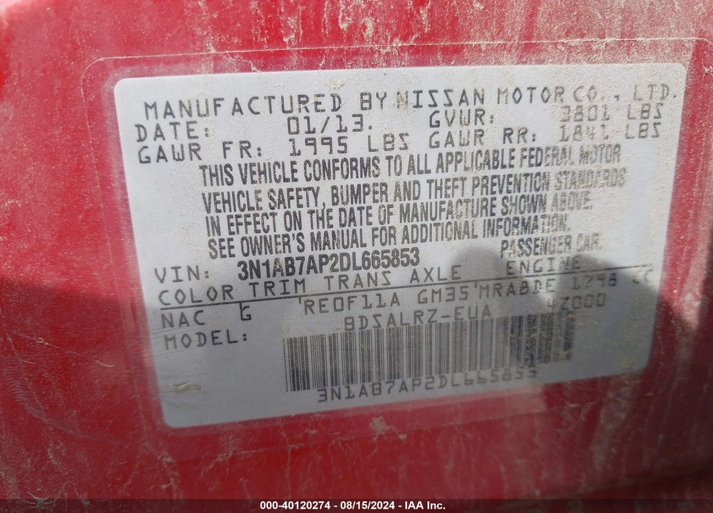 2013 NISSAN SENTRA SR VIN: 3N1AB7AP2DL665853
