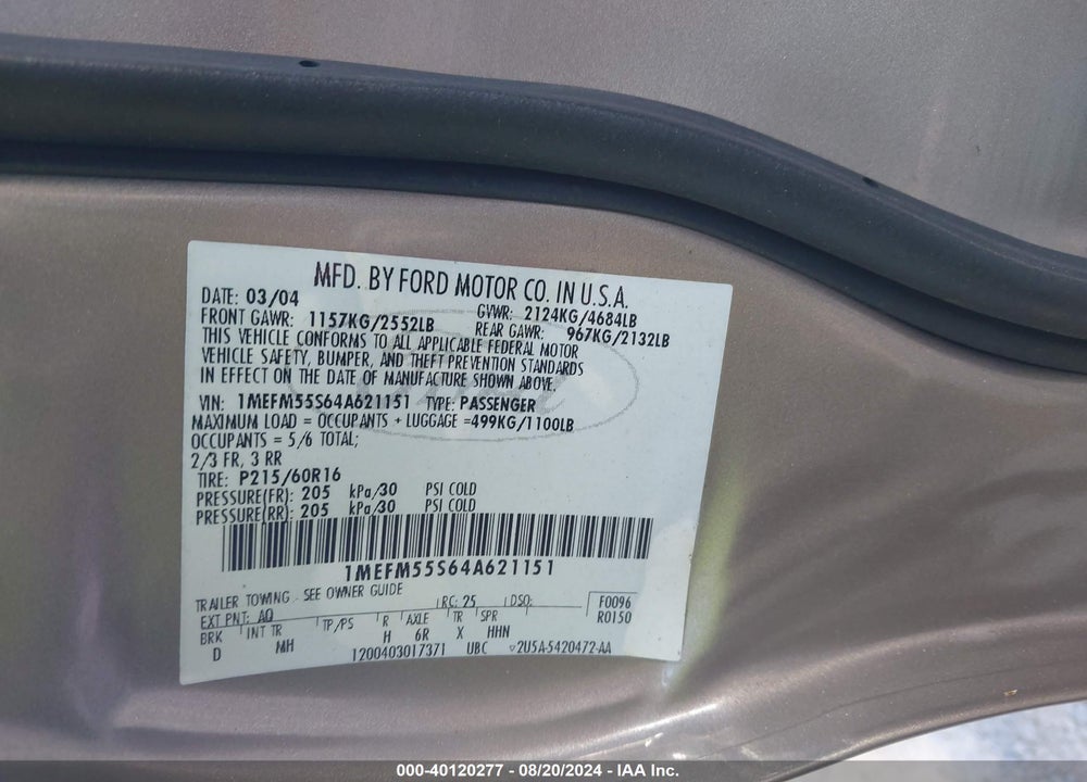 2004 MERCURY SABLE LS PREMIUM VIN: 1MEFM55S64A621151
