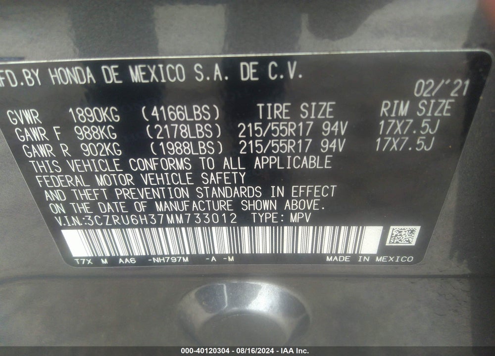 2021 HONDA HR-V AWD LX VIN: 3CZRU6H37MM733012