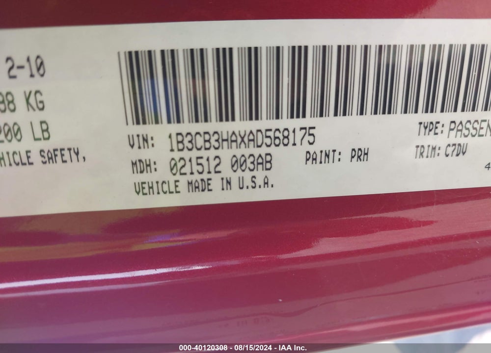 2010 DODGE CALIBER MAINSTREET VIN: 1B3CB3HAXAD568175